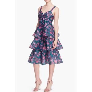 Marchesa Notte Floral Tiered Midi Dress NWT Jewel Tones Size 12